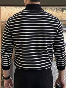 男士條紋半拉鍊立領針織毛衣，復古休閒修身套頭衫 - 黑色 - 查看 5