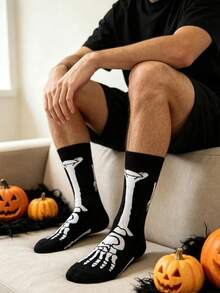 1/2 Pairs Unisex Mid-Calf Socks, Halloween Black Skull Ghost Paw Print, Moisture-Wicking, Fashion Party, Autumn/Winter Wear - Black - View 7