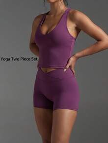 Women's Casual Sports 2 Pieces Set, Detachable Padding Racerback Sleeveless Top, High-Waisted Slim-Fit Butt-Lifting Cycling Shorts, Suitable For Gym And Daily Wear - Burgundy - View 6