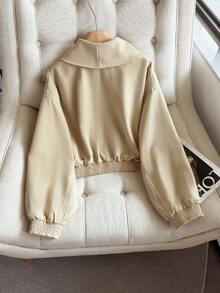 FGGG Solid Color Adjustable Buckle Long Sleeve Wide Collar Loose Short Twill Fabric Khaki Jacket Old Money Style Daily Commute Spring Autumn - Khaki - View 5