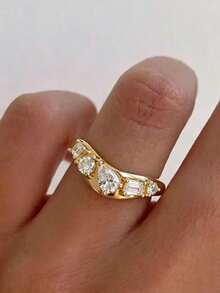 1pc Creative 14K Gold Plated Asymmetric Diamond Wave Couple Ring, V-Shaped Geometric Luxury Multi-Stone Zirconia Finger Ring, Niche Design Women's Accessory Gift Jewelry - Yellow - View 5