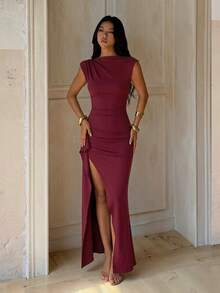 1pc Solid Color Elegant Knit Fabric Slit Dress Autumn - Burgundy - View 1