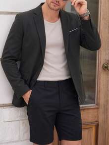 Men's Slim Fit Solid Color Blazer & Bermuda Shorts 2-Piece Set, Casual Mature Style Dashing Suit Outfit, Spring/Autumn - Black - View 1