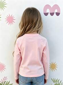 Autumn/Winter Ribbed Cotton Long Sleeve Top For Girls, Casual Sporty College Style - Baby Pink - View 4
