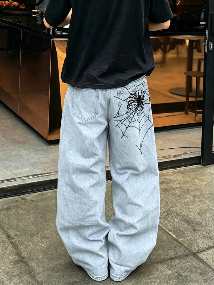 男士時尚街頭嘻哈風蜘蛛網刺繡直筒寬鬆大寬腿牛仔褲,附裝飾後口袋設計 - 藍色 - 查看 1