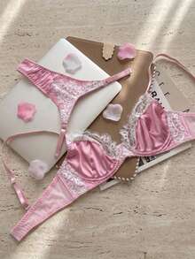 DAZY Women's Satin Lace Lingerie Set, Underwire Bra And Thong, Sweet Floral Eyelash Lace Lingerie - Pink - View 2
