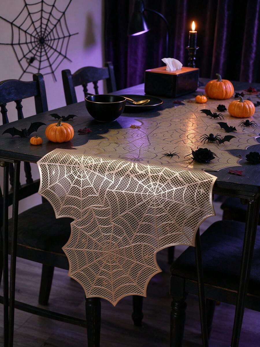 1pc Halloween Gold Hollow Spider Web PVC Table Runner, Washable Party Table Decor, Holiday Party Restaurant Dining Table Ornament, Reusable Soft Easy Storage Table Mat, Suitable For Restaurant, Homestay, Holiday, Party, Gathering, Dinner - Multicolor - View 1