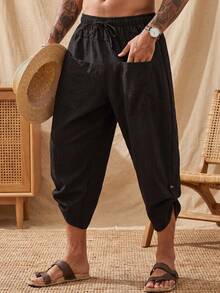 glestore Men's Retro-Style 100% Cotton Solid-Color Drawstring Harem Pants-Versatile For Commuting And Vacations, Perfect For Everyday Wear - Black - View 1