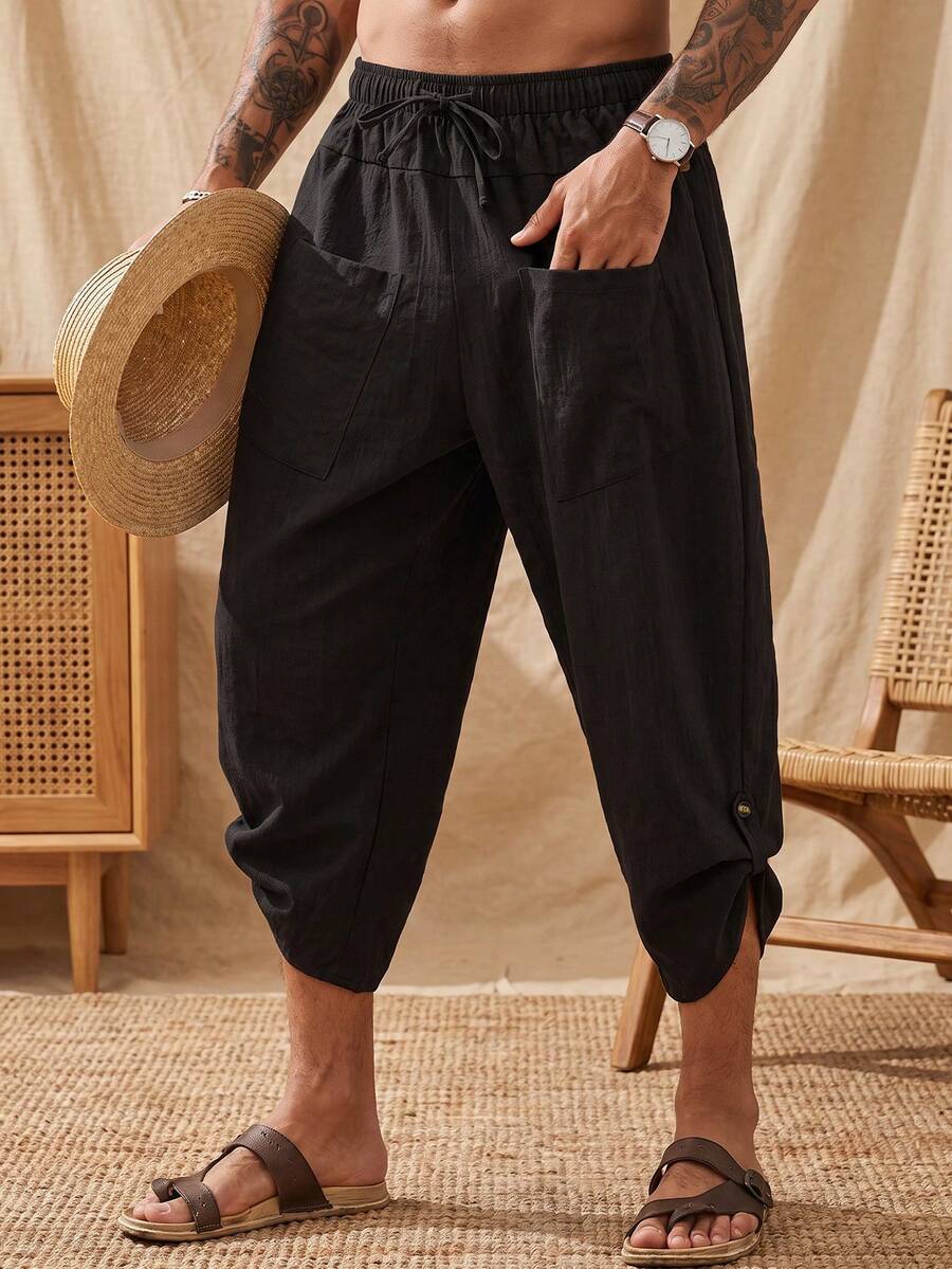 glestore Men's Retro-Style 100% Cotton Solid-Color Drawstring Harem Pants-Versatile For Commuting And Vacations, Perfect For Everyday Wear - Black - View 1