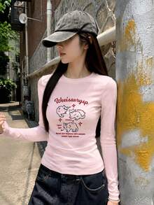 Pink Short Crew Neck Regular Shoulder Long Sleeve T-Shirt For Women, Minimalist Cat & Letter Print, Early Autumn Base Layer Slim Fit Versatile Top - Pink - View 1