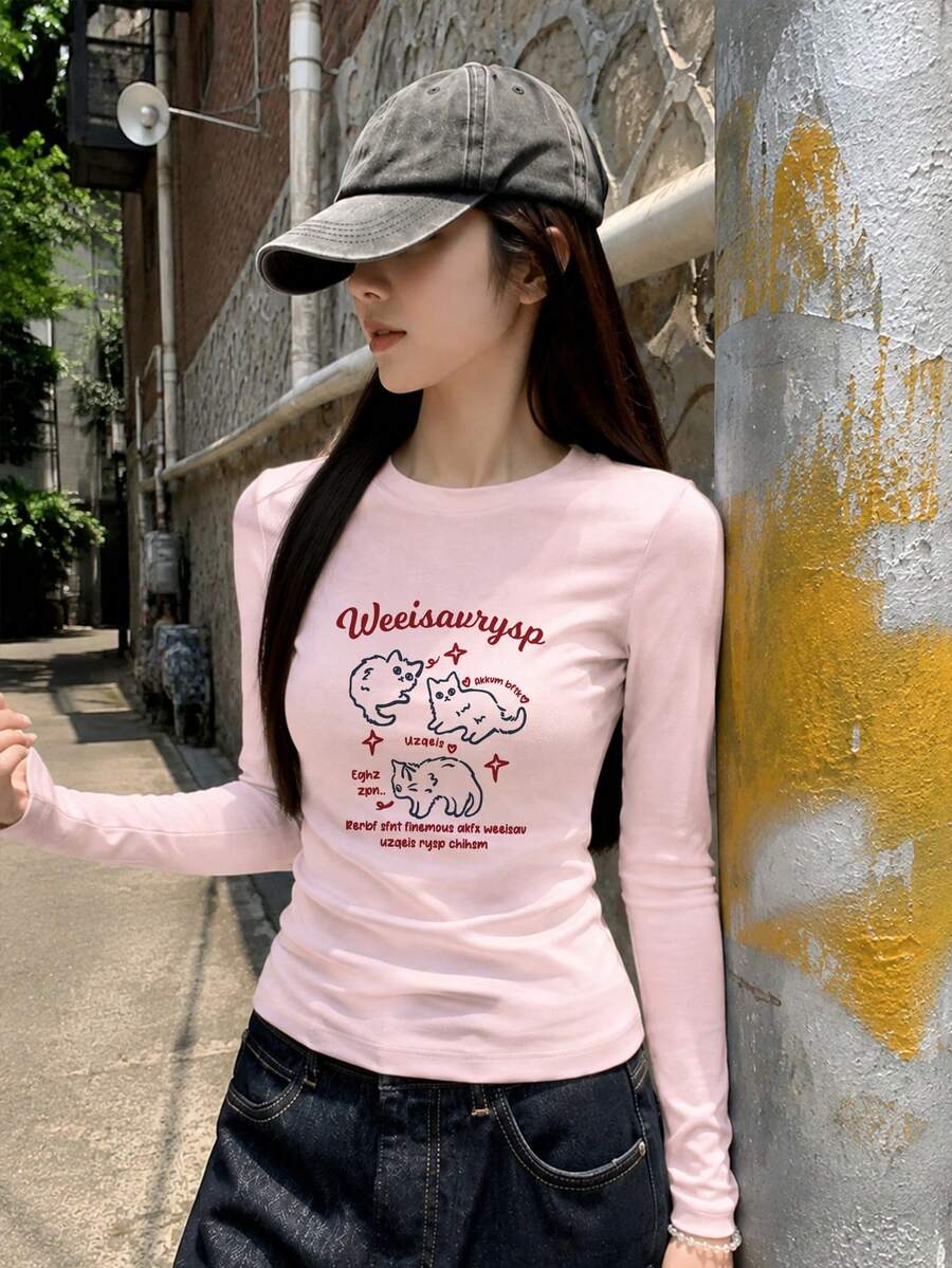 Pink Short Crew Neck Regular Shoulder Long Sleeve T-Shirt For Women, Minimalist Cat & Letter Print, Early Autumn Base Layer Slim Fit Versatile Top - Pink - View 1