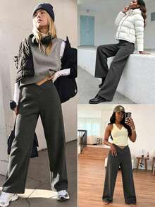 1pc Women's Cross Waist Winter Wide Leg Pants, Double-Sided Thermal Lined Casual Sports Straight Leg Pants, Halloween Winter Warm Pants, Women's Black Commute Business Casual Dress Pants, Solid Color Loose Fit Straight Leg Wide Leg Pants, Loose Casual Sports Pants, Christmas Versatile Long Pants, Women's Jogging Pants, Women's Winter Long Pants, Women's Warm Straight Leg Pants - Black - View 5