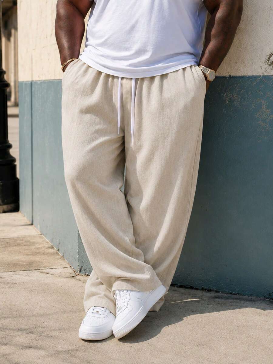 Men Plus Size Autumn Long Sleeve Wide Leg Pants, Solid Color Drawstring Design Casual - Beige - View 1