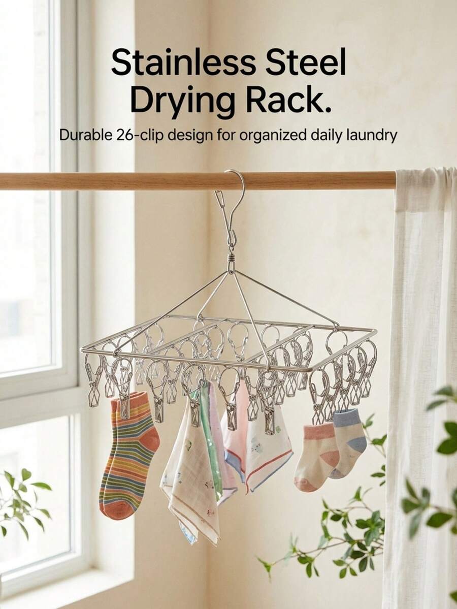 40/30/1 Clip Stainless Steel Folding Drying Rack, Rotatable Windproof Clothes Hanger With Strong Spring Clips, Suitable For Socks, Underwear, Bras, Towels And Baby Clothes, Indoor Balcony Home Dorm Use, Back To School Essential, Laundry Drying Rack