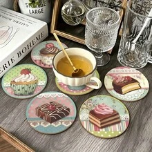 6pcs Pattern Printed Dessert Cake Design PET Non-Slip Coasters, Home Kitchen Decor Accessories, Cute Affordable Small Items, Outdoor Garden Supplies, Suitable For Various Holiday Parties, Wedding Accessories, Thanksgiving, Back To School Season Decoration Gifts - Multi-color LDX2527 - View 2