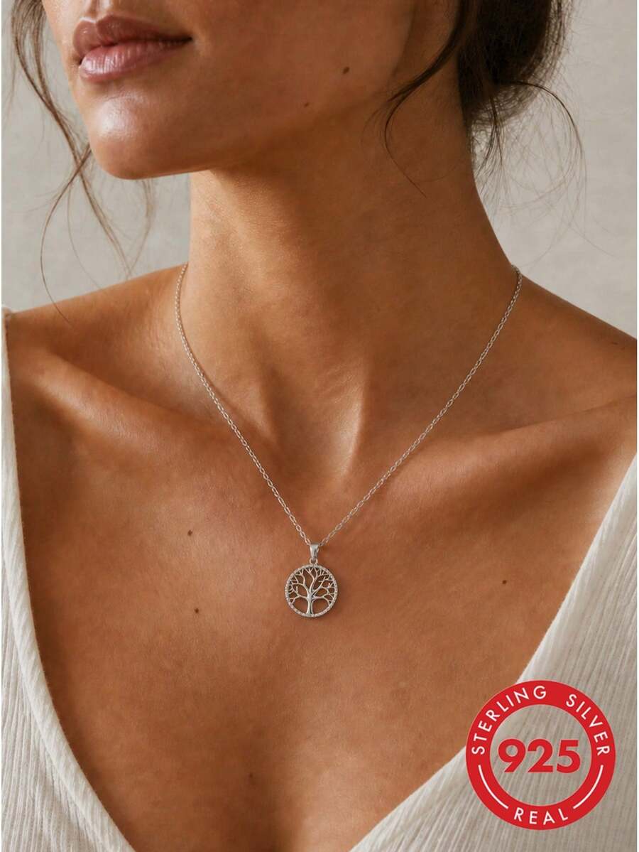 lunastudio 1pc 925 Sterling Silver Tree Of Life Necklace For Women Daily Wear - Silver - View 1