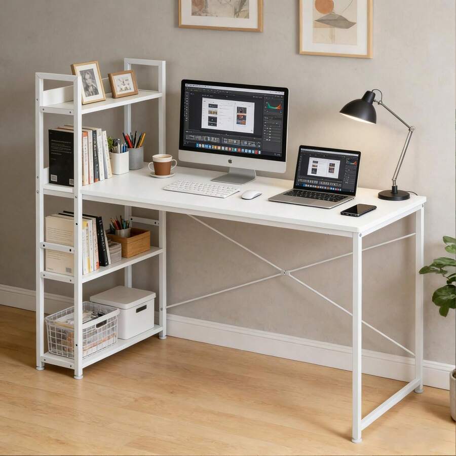 Schreibtisch mit 4-Tier Seitlichem Regal, 120 cm Breiter Computertisch mit Ablage, Stabil Bürotisch mit Metallgestell, Einfache Montage für Home Office - Weiß/120 x 56 x 120 cm - Übersicht 1