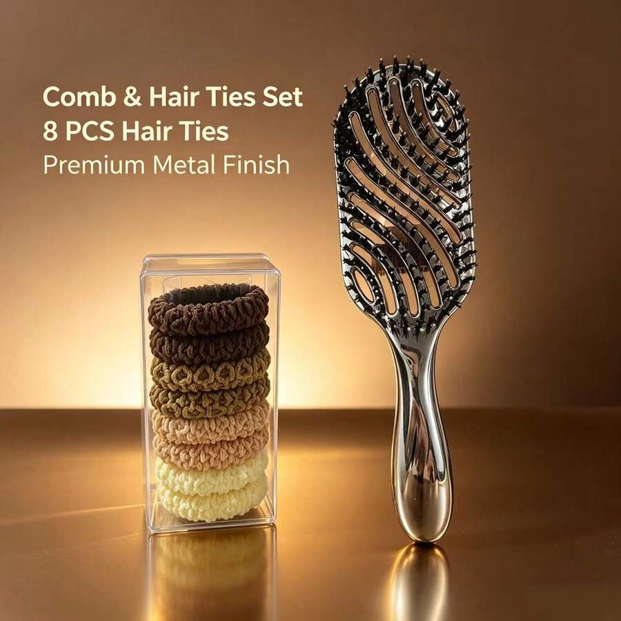Curved Hollow Breathable Hair Comb + 8 Natural Color Hair Ties, Women's Hair Accessories Set - Rose Gold - View 1