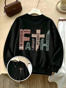 Sweatshirt Wanita Ukuran Besar, Motif Salib Merah Muda Tercetak di Depan dan Belakang, Lembut dan Bernapas, Gaya Kasual, Cocok untuk Pemakaian Sehari-hari dan Luar Ruangan, Hitam - Hitam - View 1