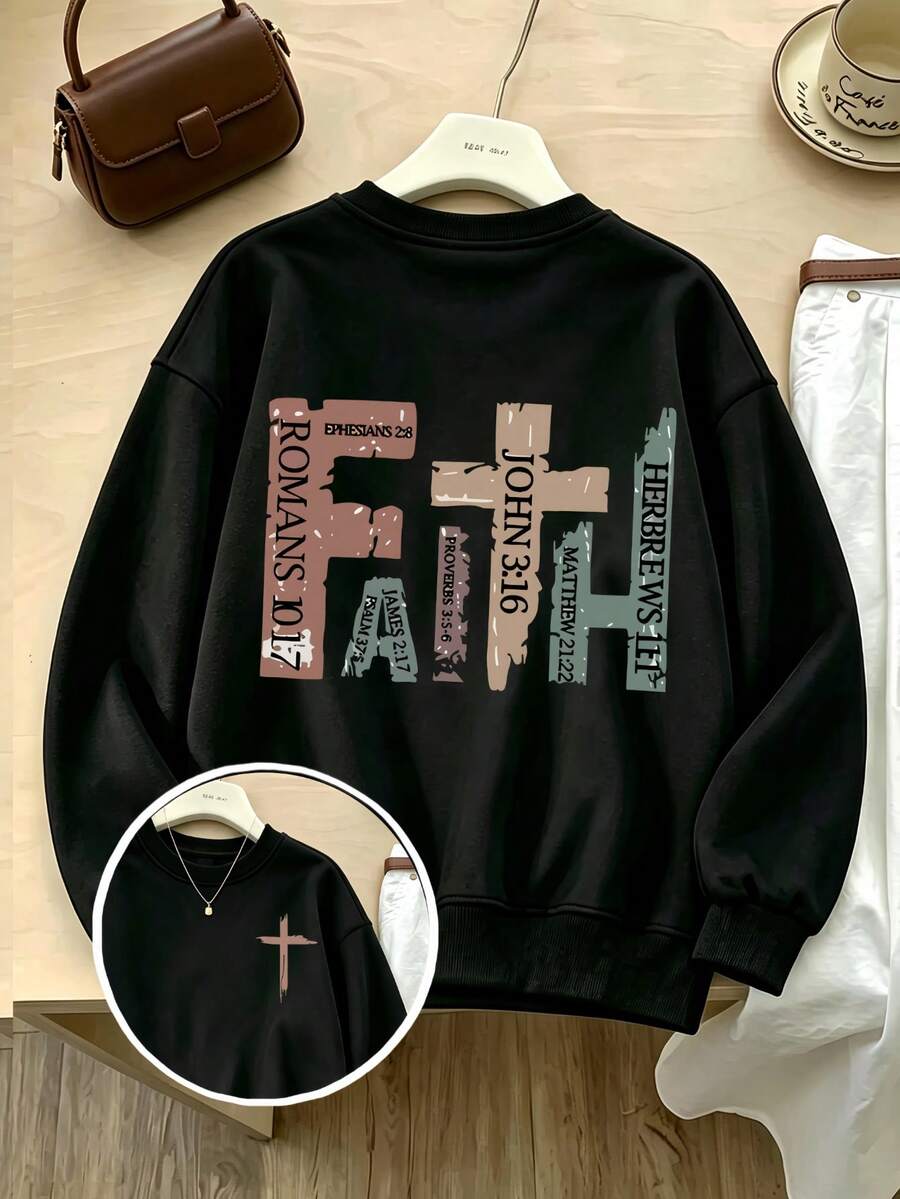 Sweatshirt Wanita Ukuran Besar, Motif Salib Merah Muda Tercetak di Depan dan Belakang, Lembut dan Bernapas, Gaya Kasual, Cocok untuk Pemakaian Sehari-hari dan Luar Ruangan, Hitam - Hitam - View 1