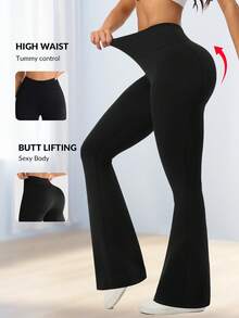 1pc Women's Solid Color Flare Pants, High Elasticity Comfortable Fabric, Anti-Wrinkle, Elastic Slim Fit Sports Style - Black - View 6