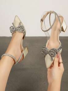 Rhinestone Bow Ankle Strap Backless Pumps, Plus Size Women's Pointed Toe Chunky Heel Party High Heels - Gold - View 2