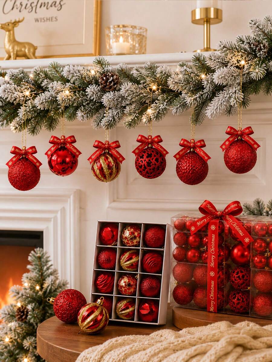 1/13/25/102件組紅色聖誕球飾品套裝,附Merry Christmas緞帶,多種紋理紅金色懸掛球,適用於聖誕樹、禮物盒、花環、花串、節日派對、居家與季節性裝飾 - 紅色聖誕球 - 查看 1