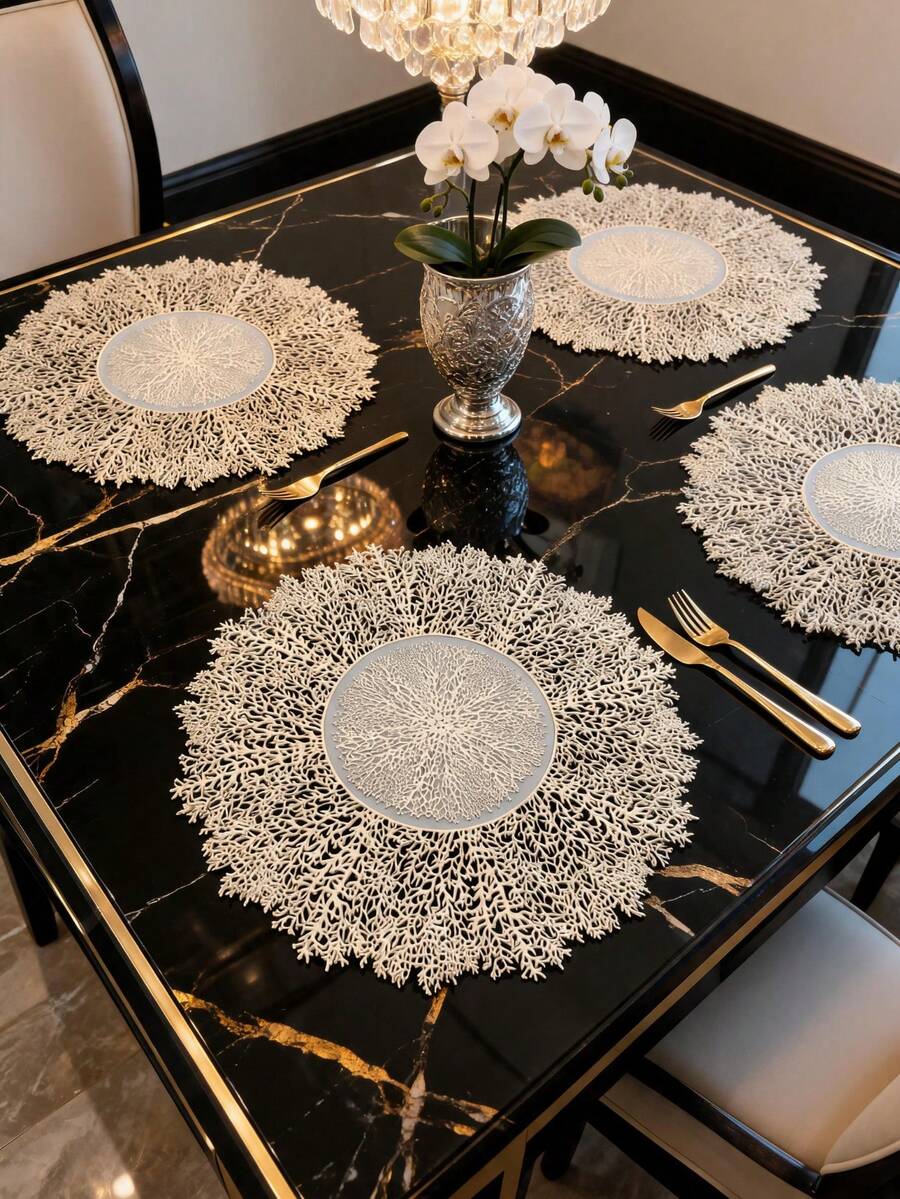 2pcs/4pcs/6pcs 15 Inch Round Gold Coral Hollow PVC Placemats, Heat-Resistant Table Mats For Wedding, Banquet, Valentine's Day, Mother's Day, Party, Restaurant, Hotel Dining Table Decor - Multicolor - View 1