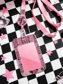 Pink Leopard Print Rhinestone ID Card Holder With Lanyard, ID Card Storage Box, Anti-Loss Lanyard, Student ID Card Holder, Self-Service Restaurant Card Holder, Slide Cover, Dual Card Slots, Small Card Slot, Bus Card Holder, Non-Inductive, Bank Card Holder, Subway Card Storage, Adjustable Portable ID Card Holder Decorative Keychain, Suitable For Office Workers And Students, Perfect Gift, Back To School Season Gift, Couple Card Holder, Bank Card Holder, Travel Essential, Commute, Business Trip, Back To School Season, Thanksgiving, Halloween, Christmas, Teacher's Day Gift - Multicolor - View 6