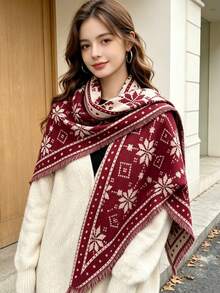 1PcWomen Winter Snowflake Geometric Print Fringe Triangle Shawl, Soft Imitation Cashmere Warm Wrap Scarf, Versatile Outer Cape For Fall Daily Outfit - Multicolor - View 2