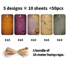 50pcs Halloween Gift Tags With Hemp Rope - Vintage Bats Spider Web Patterns Holiday Hanging Labels For Presents, Gift Bags & Party Favor, Halloween Gift Decorations, Halloween Party Supplies - Multicolor - View 8