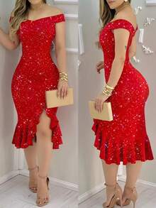 ChicMe Cold Shoulder Beaded Ruffle Slim Fit Midi Dress, Sexy Party Elegant Fashion Outfit - Red - View 6
