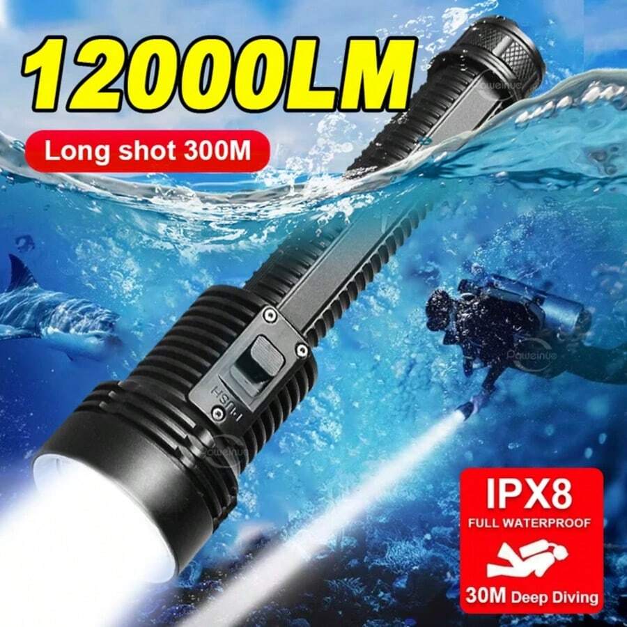 12000LM T40 LED Diving Flashlight IPX8 Waterproof 30M Underwater 300M Long Range Super Bright USB Rechargeable Torch Magnetic Control 3 Light Modes For Underwater Diving Fishing Camping Emergency