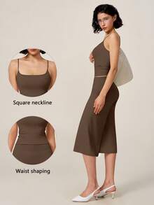 TimeOff Women's One Set Solid Color Adjustable Strap Camisole & Wide Leg Mid-Length Shorts Sports Set - Chocolate Brown - View 9