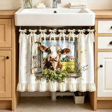 1pc American Farmhouse Style Fun Kitchen Dishwasher Cover Curtain, Printed With "Kiss The Cook" And "Welcome To My Kitchen" Slogans, Watercolor Wildflowers, Dairy Farm Window View, Kitchen Utensils Patterns, No-Drill Lace Ruffle Hem Half Curtain, Suitable For Oven, Dishwasher, Cabinet, Country Style Kitchen Decor - Multicolor - View 4