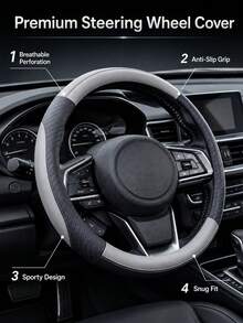 1pc Universal Black & Grey Steering Wheel Cover, Premium Leather Texture Car Interior Accessory, Non-Slip Breathable Grip Protection, Sporty Color Block Design, Comfortable Driving Decor, Suitable For Sedan SUV Truck Daily Commute & Travel - A - View 7