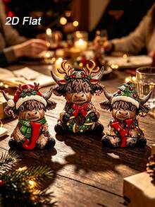 3 Pcs Christmas Highland Cow Figurines, Joy Xmas Cow Decor Wood | Scottish Calf Statues With Santa Hats, Candy Canes, Festive Home Kitchen Office Tiered Tray Table Decorations - View 1