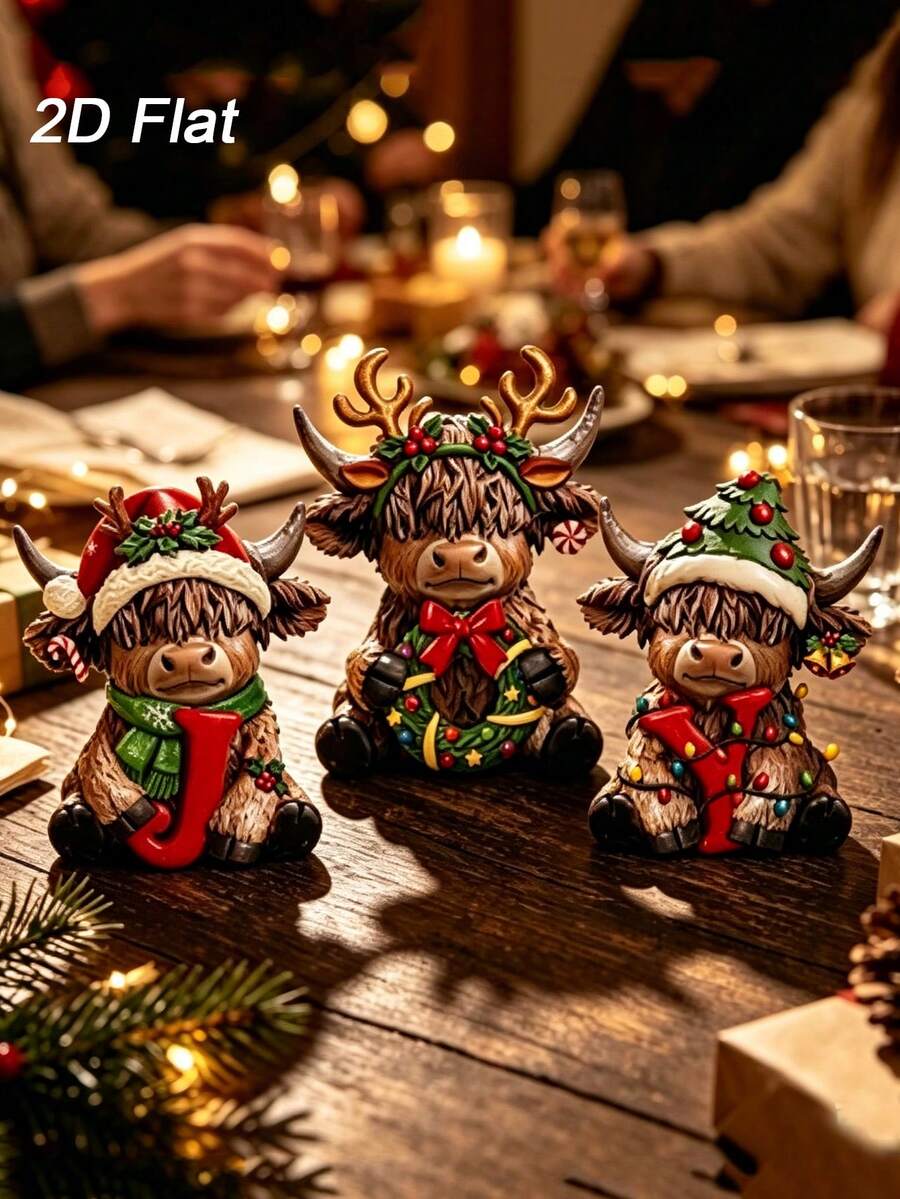 3 Pcs Christmas Highland Cow Figurines, Joy Xmas Cow Decor Wood | Scottish Calf Statues With Santa Hats, Candy Canes, Festive Home Kitchen Office Tiered Tray Table Decorations - View 1
