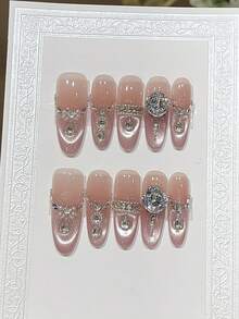 10片裝橢圓形/尖頭手工穿戴甲片，Y2K風格，適合夏季度假、畢業季、秋冬季節，女孩與女性適用於假期、音樂節、日常佩戴，情人節禮物 - 西瓜粉 - 查看 14