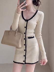 Gaun Sweater Mini Rajut Wanita, Desain Renda, Lengan Panjang, Potongan Ramping, Busana Modis untuk Musim Gugur/Dingin - Aprikot - View 1