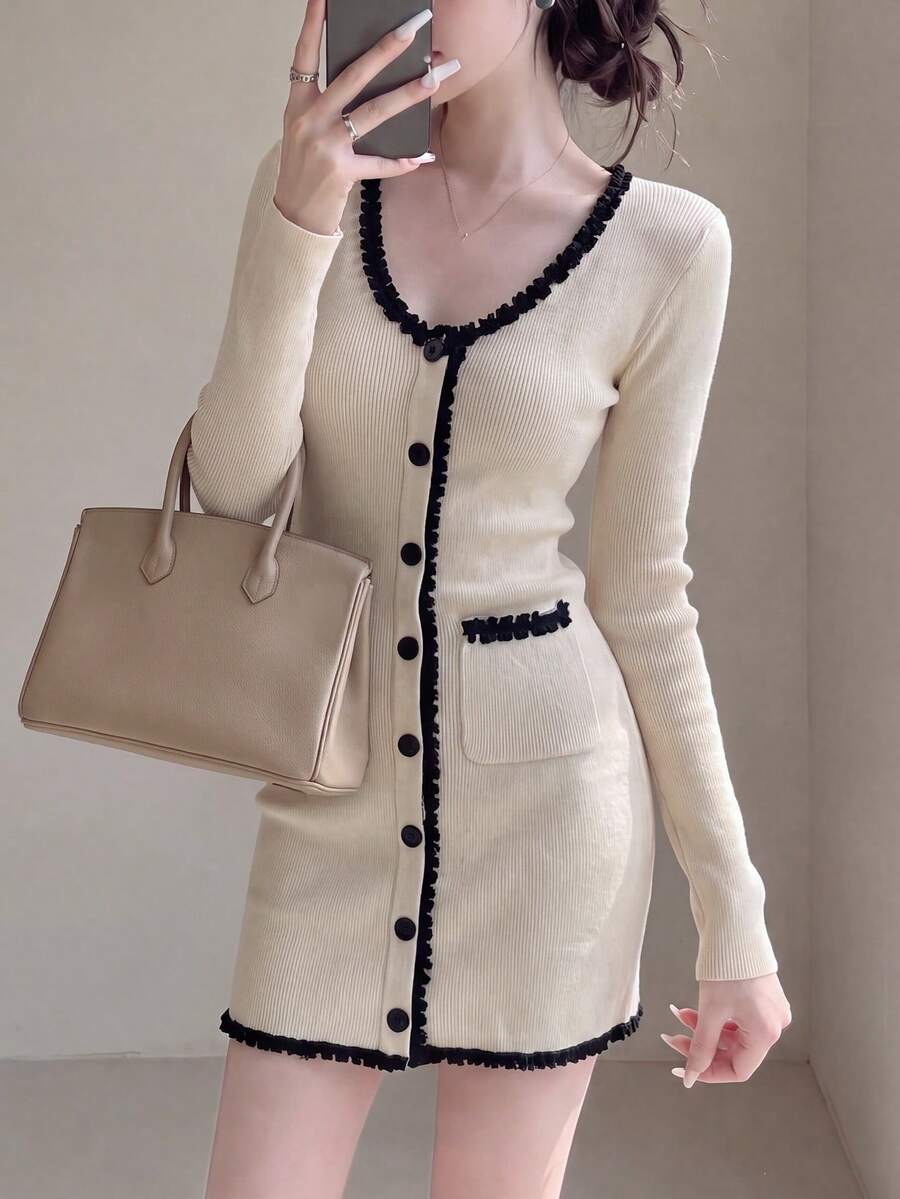 Gaun Sweater Mini Rajut Wanita, Desain Renda, Lengan Panjang, Potongan Ramping, Busana Modis untuk Musim Gugur/Dingin - Aprikot - View 1