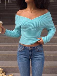 HoloChill Women's Young Influencer Casual Style Ribbed Knit Off-Shoulder Long Sleeve Pullover Sweater, Cinched Waist Design, High Elasticity Knit Top, Fall Casual 2026 New Arrival, Women's Elegant Outfit For Going Out, Back To School, Homecoming, Fall/Winter French - Blue - View 7