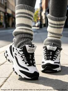 Skechers 女款 D'LITES 系列休閒鞋 綁帶運動鞋，日常休閒舒適復古熊貓休閒鞋 13148-WBK - 黑色/白色 - 查看 1