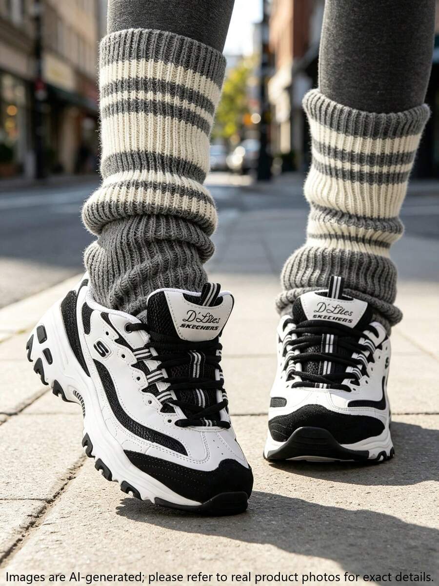 Skechers 女款 D'LITES 系列休閒鞋 綁帶運動鞋,日常休閒舒適復古熊貓休閒鞋 13148-WBK - 黑色/白色 - 查看 1