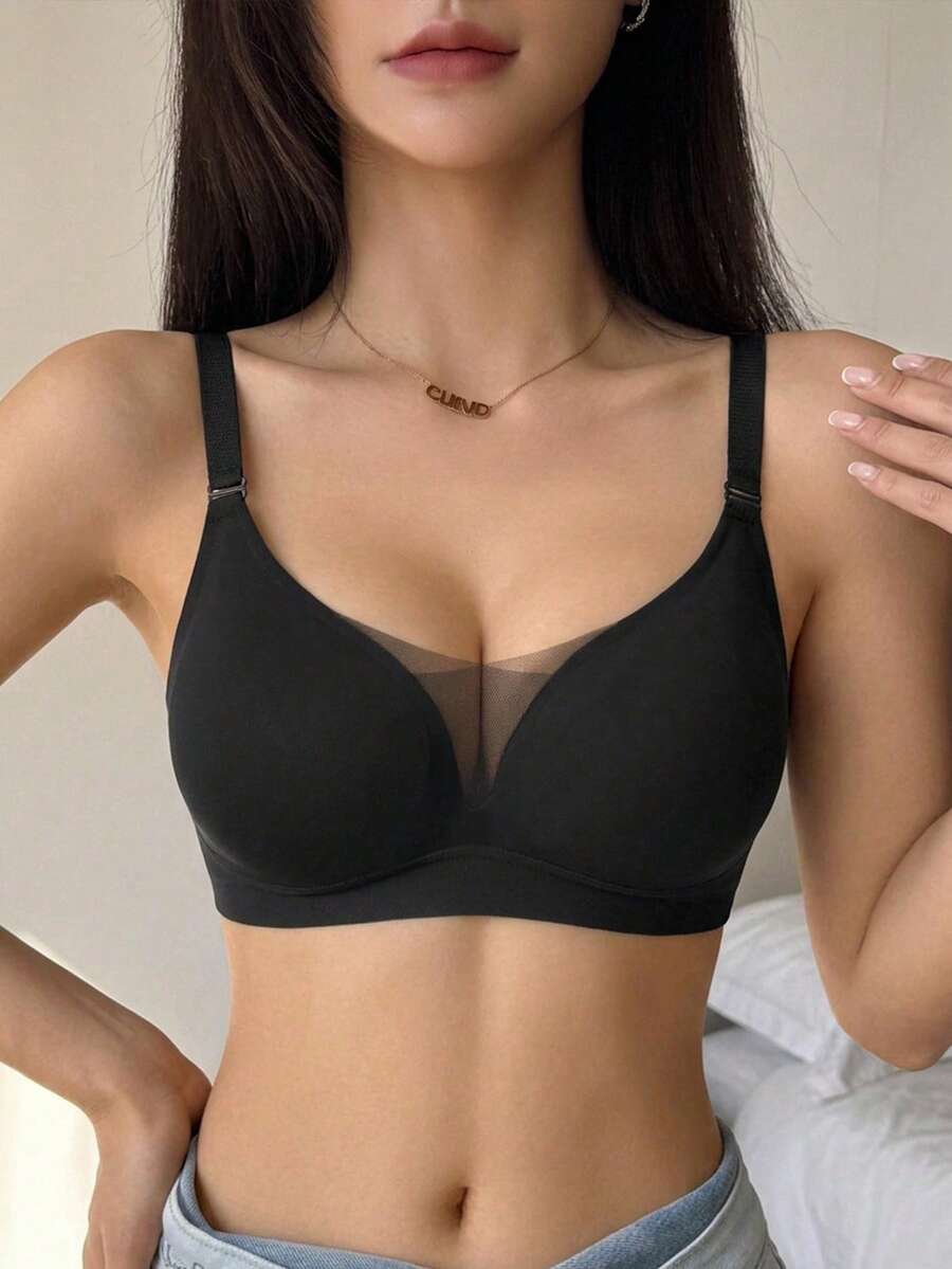 DAZY 1pc Seamless Mesh Patchwork Adjustable Unpadded Wireless Bra, Casual & Comfortable
