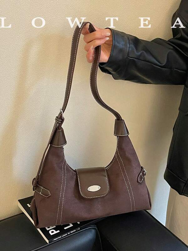 low tea 1pc Fashion Crescent-Shaped Suede Fabric Shoulder Bag, Suitable For Commuting, Shopping And More