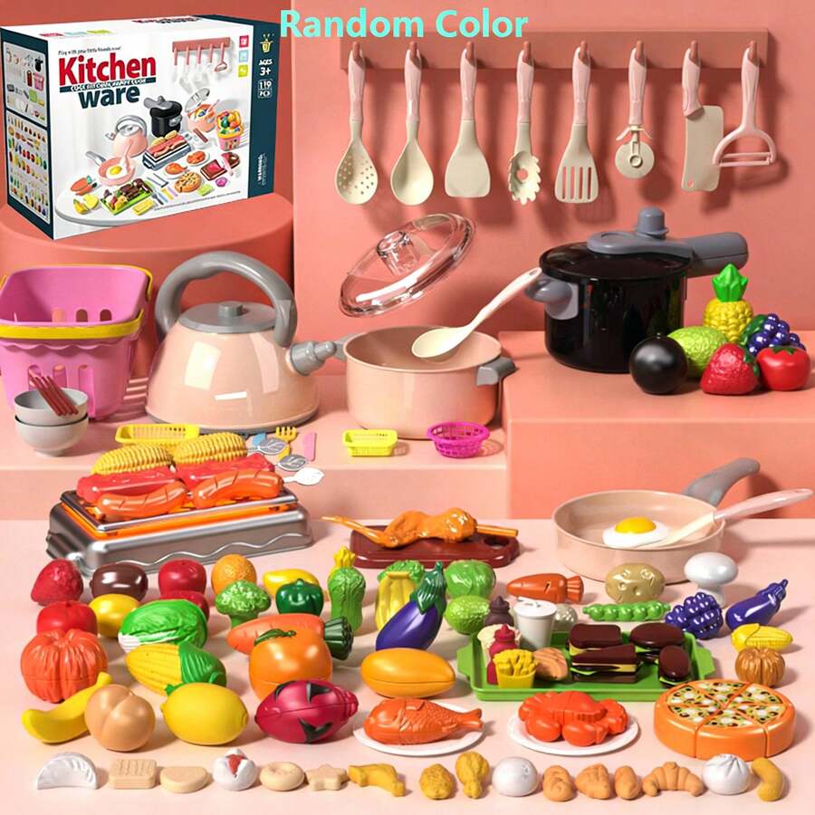 Set Mainan Dapur Mini untuk Anak-Anak, Cocok untuk Anak Laki-Laki dan Perempuan Usia 3-8 Tahun, Bermain Peran Memasak, Menggoreng, Memotong Buah dan Sayuran, Peralatan Makan, Peralatan Masak, Makanan, dan Aksesoris Realistis