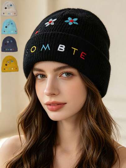 1 buah Topi Beanie Rajut Bordir Bunga Lucu untuk Wanita, Topi Wol Tepi Gulung Huruf Musim Gugur/Dingin, Topi Serbaguna untuk Mengecilkan Wajah dan Menghangatkan Wajah di Cuaca Dingin