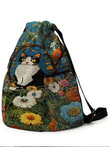1PC Drawstring Backpack, Drawstring Sack, Sports Backpack, Large‑Capacity Lightweight Style, Outdoor & Fitness Storage Bag, Cat‑Pattern Printed, Convenient For Storing Sports Gears And Changing Clothes - Flower Kitten 8401837 - View 4