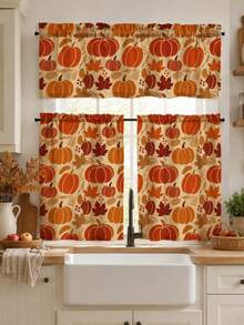 NOSBEI 2 Panel dengan Lubang Pengait + 3 Set Tirai Dapur dengan Kantong Batang, Tirai Linen Imitasi Motif dan Daun Maple Musim Gugur, Penyaring Cahaya, Dekorasi Jendela Rumah Pertanian untuk Hari Thanksgiving - MultiWarna - View 4